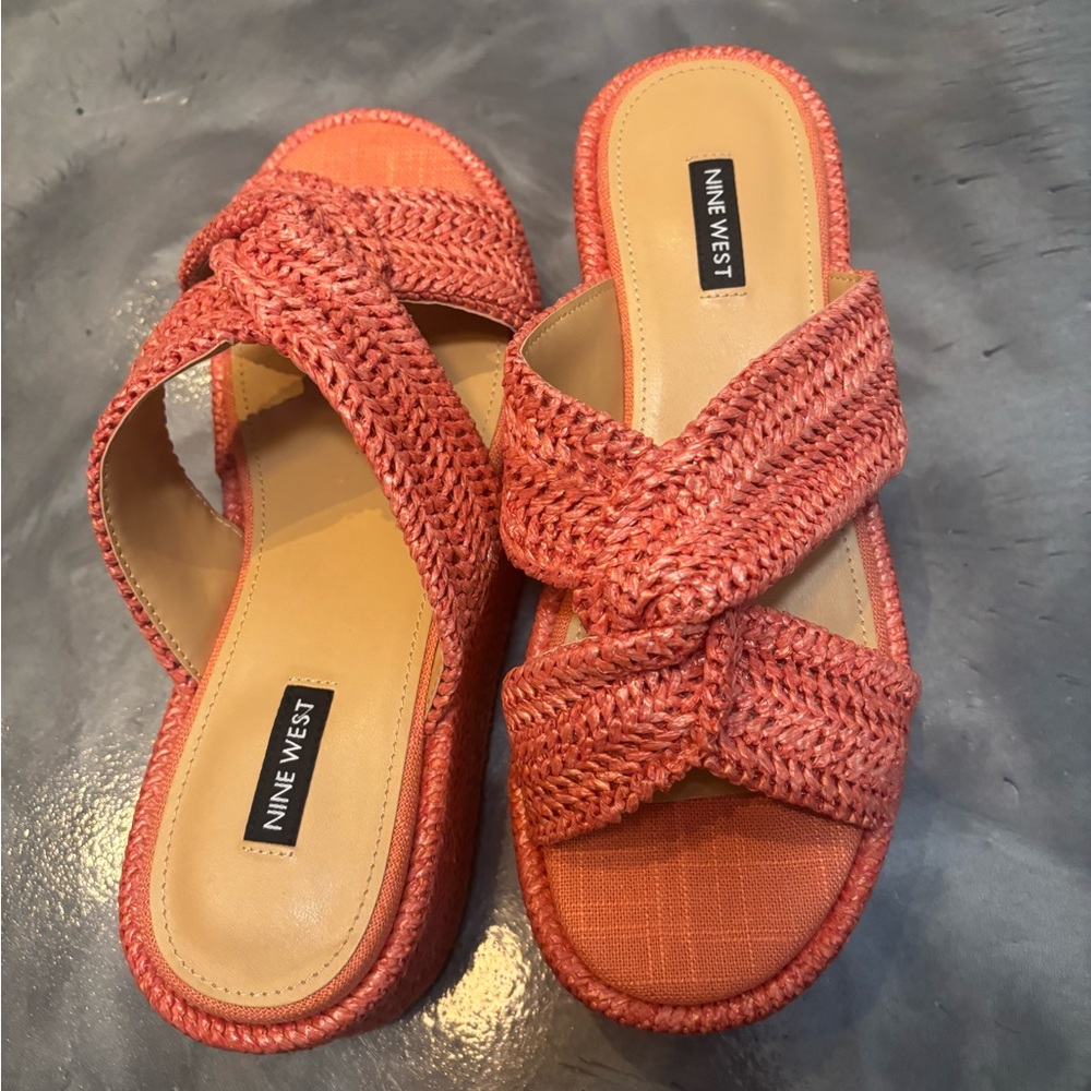 Nine West Cerry Platform sandal sz 9 orange raffia wedge platform summer beachy - Picture 4 of 7